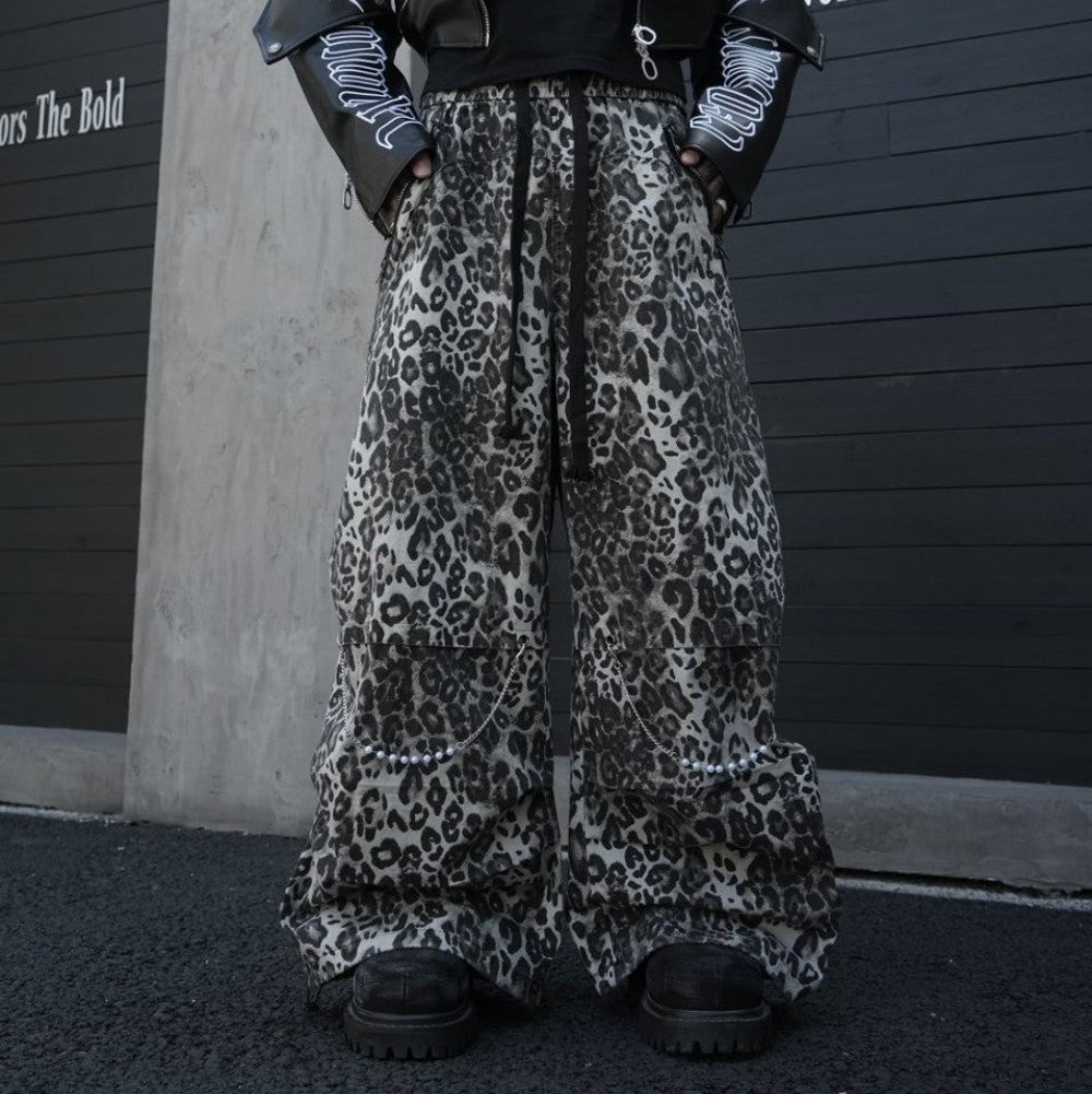 Leopard Studs Chain Detail Wide Leg Cargo Pants WN28012