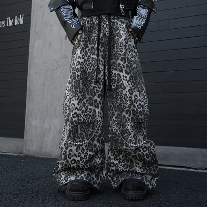 Leopard Studs Chain Detail Wide Leg Cargo Pants WN28012