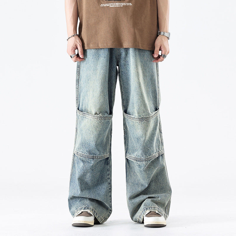 Washed Pleats Patchwork Wide Leg Denim Jeans WN26071
