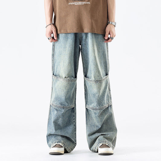 Washed Pleats Patchwork Wide Leg Denim Jeans WN26071