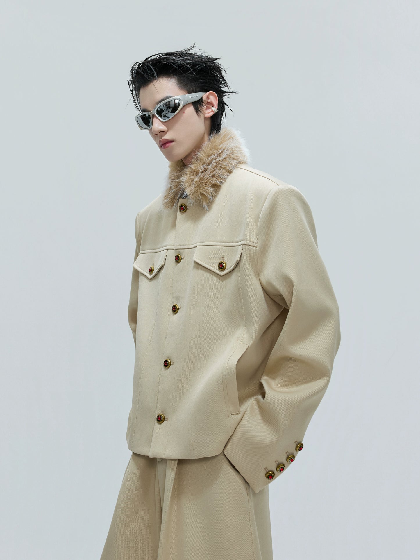 Fur Collar Gem Button Standing-Collar Short Jacket & Trousers Setup WN21733