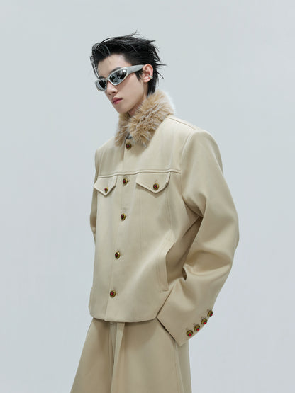 Fur Collar Gem Button Standing-Collar Short Jacket & Trousers Setup WN21733