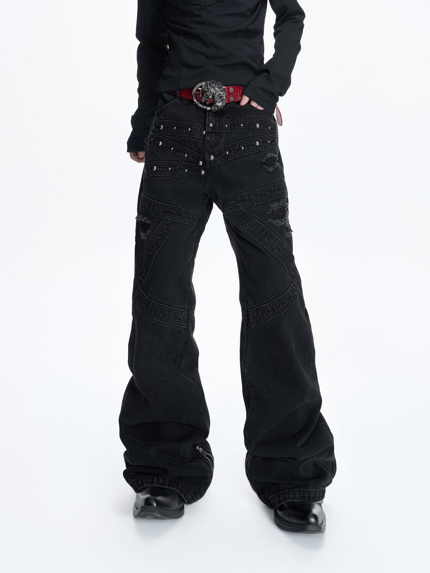 Wash Rivet Damage Patchwork Flare Denim Jeans WN23551