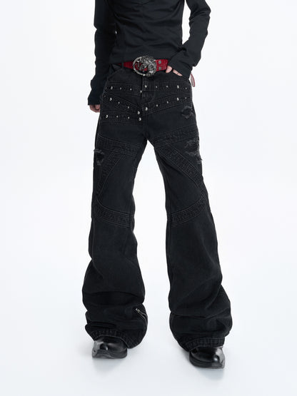 Wash Rivet Damage Patchwork Flare Denim Jeans WN23551