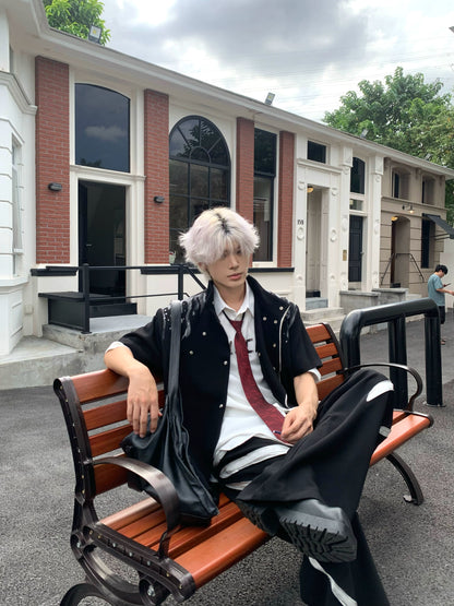 Paint Deconstructed Metal Short Sleeve Jacket & Paint Wide Leg Pants Setup WN19756