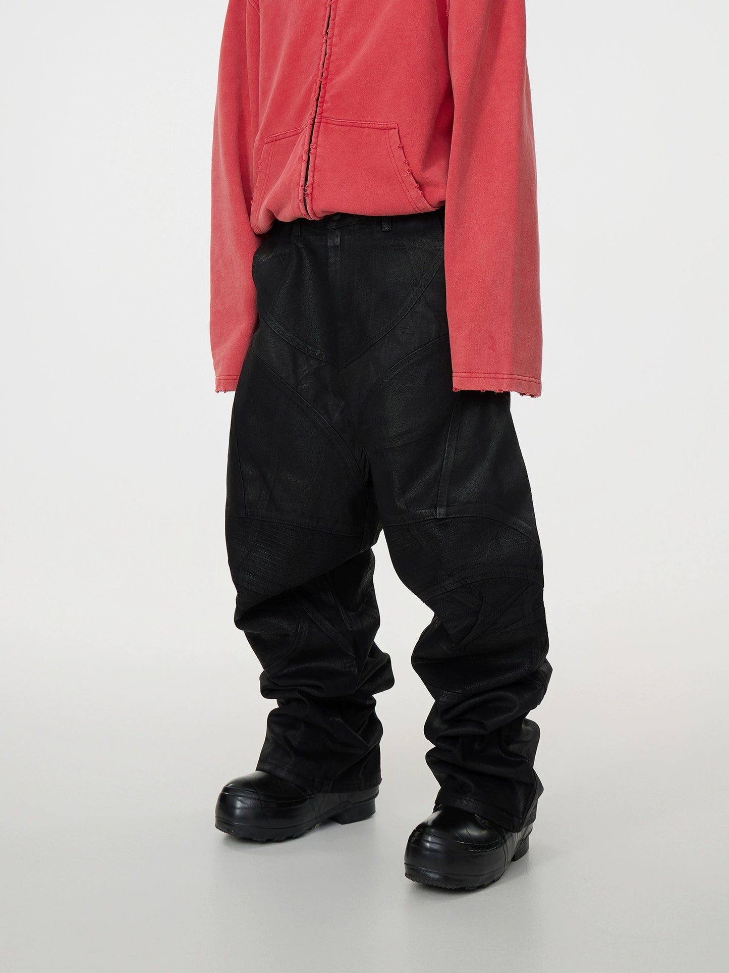 Waxed Coated Biker Armor Pleats Wide Leg Dragging Denim Jeans WN17003