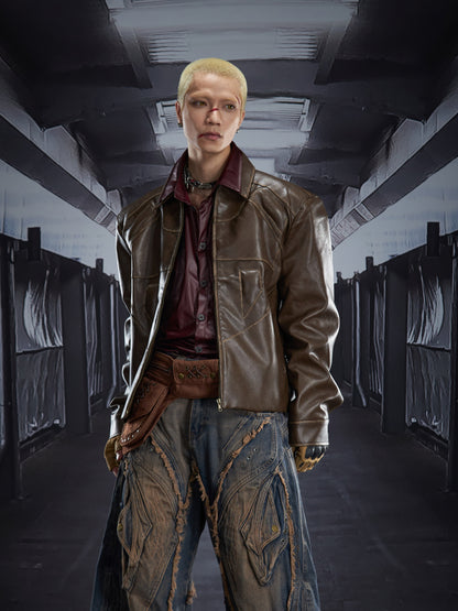 Washed Damage Short PU Leather Jacket WN22788