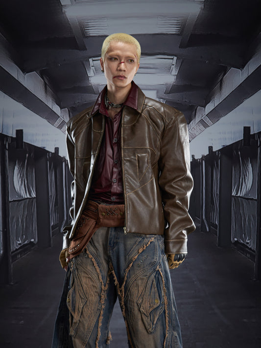 Washed Damage Short PU Leather Jacket WN22788