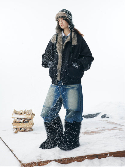 Fake Fur Collar Fleece Lining Zipper Jacket WN21908