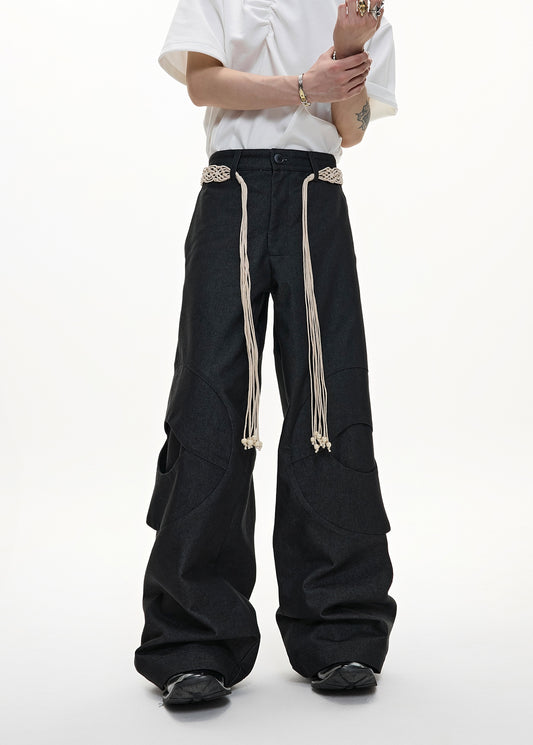 Three-Dimensional Cut Belt Patchwork Straight Denim Jeans WN18348