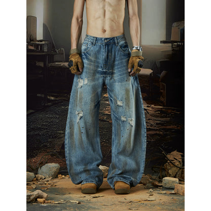 Mud-Dyed Wash Damage Design Wide Leg Denim Jeans WN18427