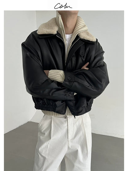 Detachable Fake Fur Collar Thick PU Leather Puffer Jacket WN21675