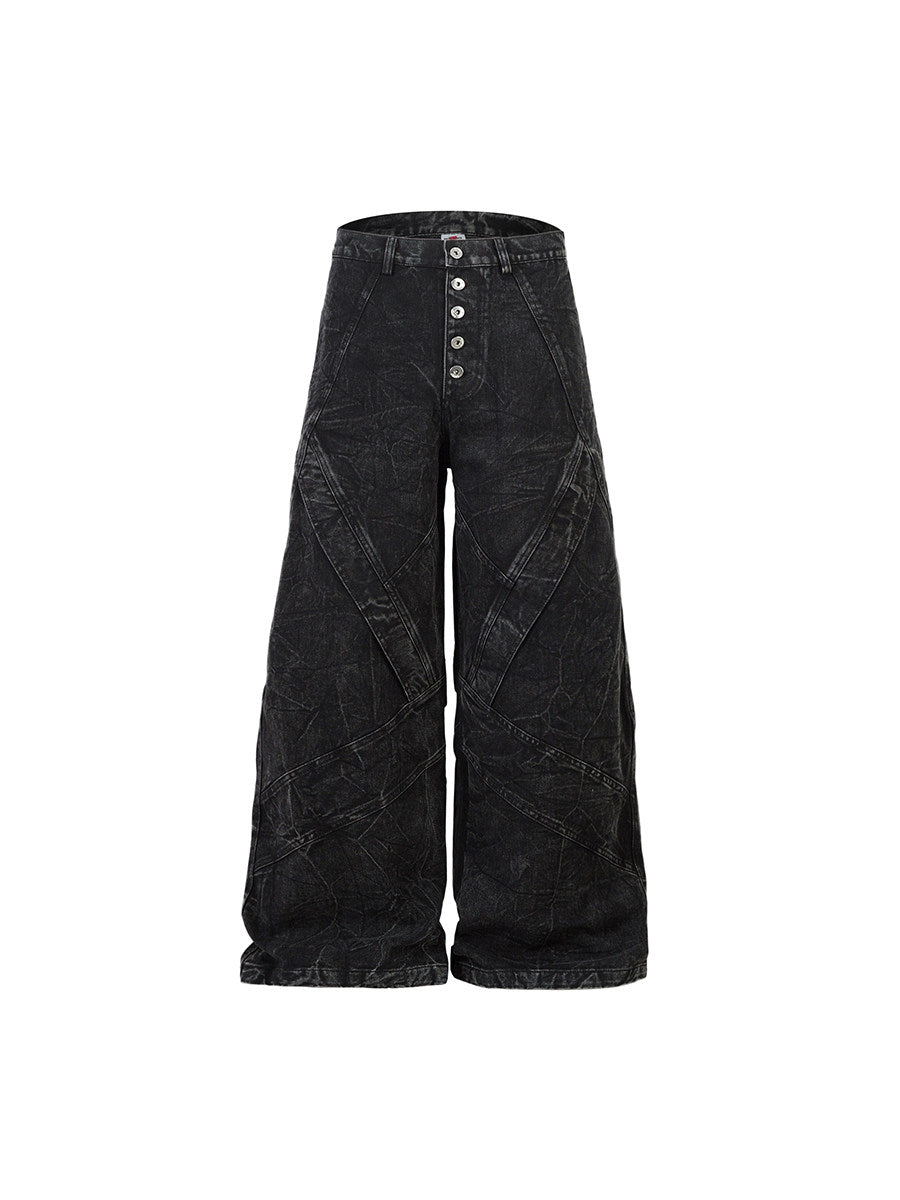 Wrinkle Texture Button Fly Panel Wide Leg Denim Jeans WN24150