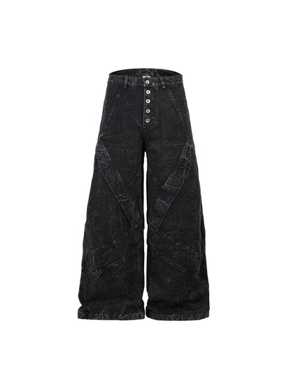 Wrinkle Texture Button Fly Panel Wide Leg Denim Jeans WN24150