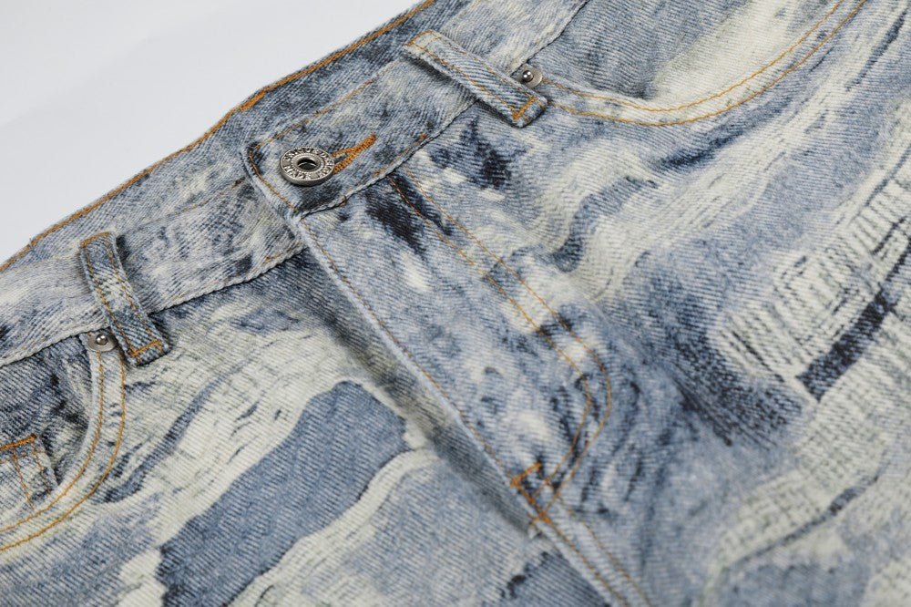 3D Print Damage Washed Wide Leg Denim Jeans WN27953
