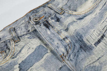3D Print Damage Washed Wide Leg Denim Jeans WN27953