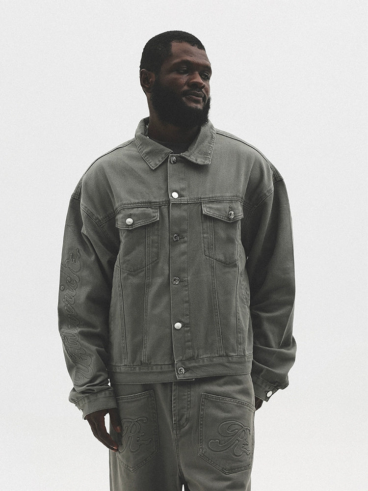 Embossed Washed Oversize Short Denim Jacket WN17793