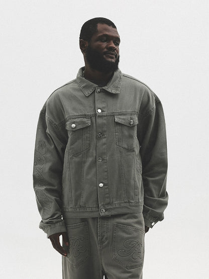 Embossed Washed Oversize Short Denim Jacket WN17793