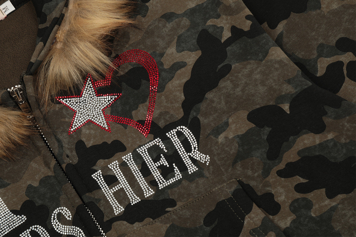 Camouflage Rhinestone Fur Collar Sherpa-Lining Zipper Hoodie WN11368