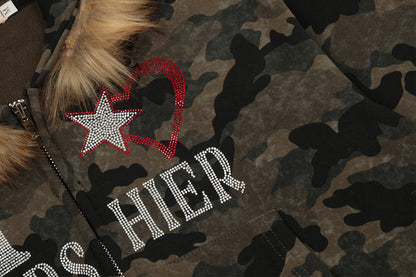 Camouflage Rhinestone Fur Collar Sherpa-Lining Zipper Hoodie WN11368