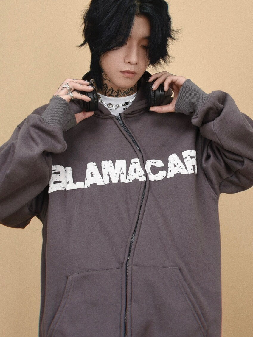 Asymmetrical Zipper Graphic Print Fleece-Lined Oversize Hoodie WN24407