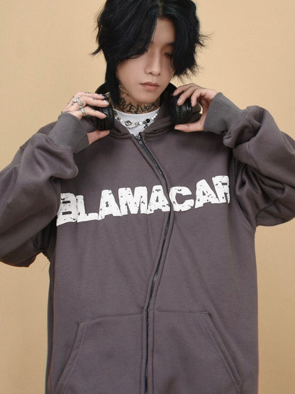 Asymmetrical Zipper Graphic Print Fleece-Lined Oversize Hoodie WN24407