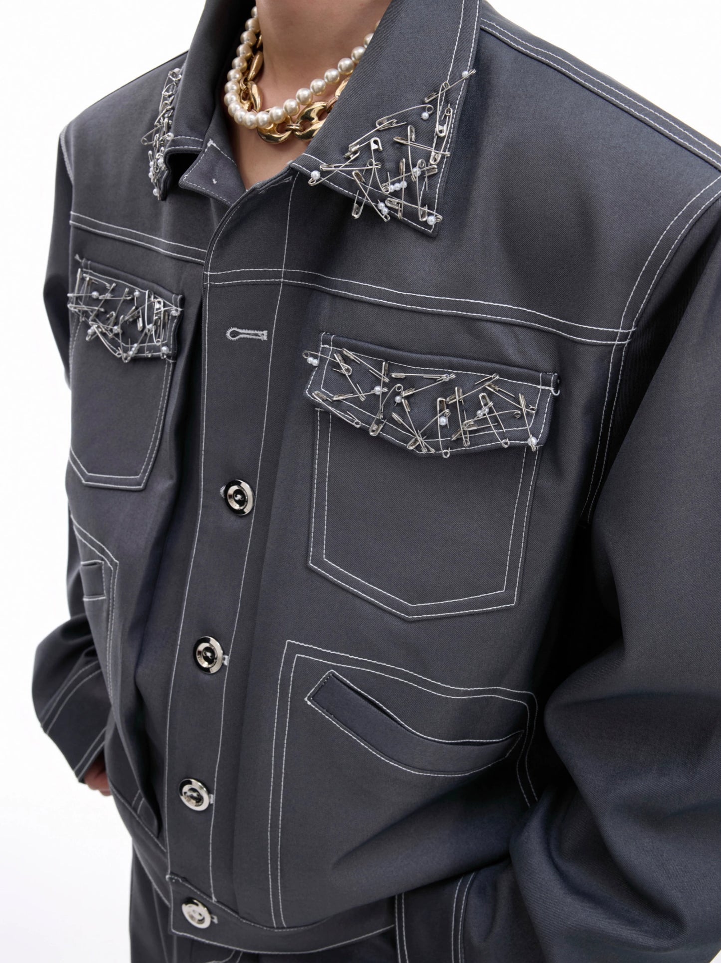 Pin Design Short Jacket & Pants Setup WN20680