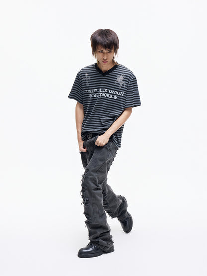 V-Neck Stripe Rhinestone Reflective Print Short Sleeve T-Shirt WN27301