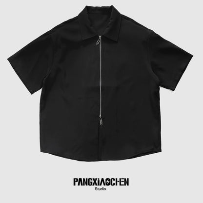 Black Color Zipper Short Sleeve Shirt WN20138