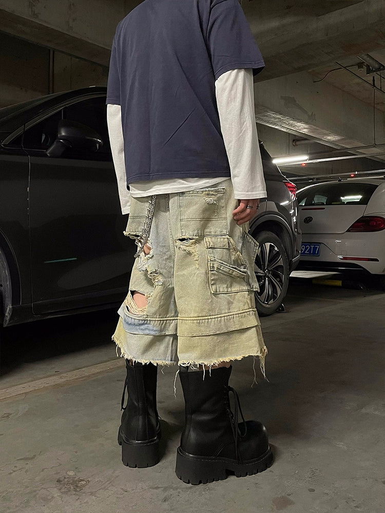 Double Waistband Mud Dye Damage Washed Straight Half Denim Jeans WN16306