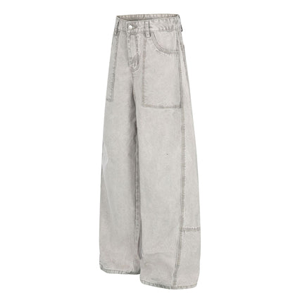 Patch Pocket Washed Wide Leg Denim Jeans WN25947
