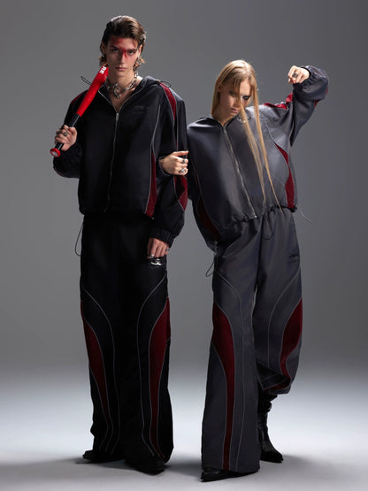 Glossy Contrast Hooded Jacket & Wide-leg Sporty Pants Setup WN8661