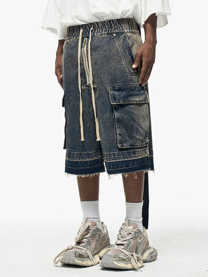 Zipper Drawstring Raw Edge Cargo Short Pants WN24337