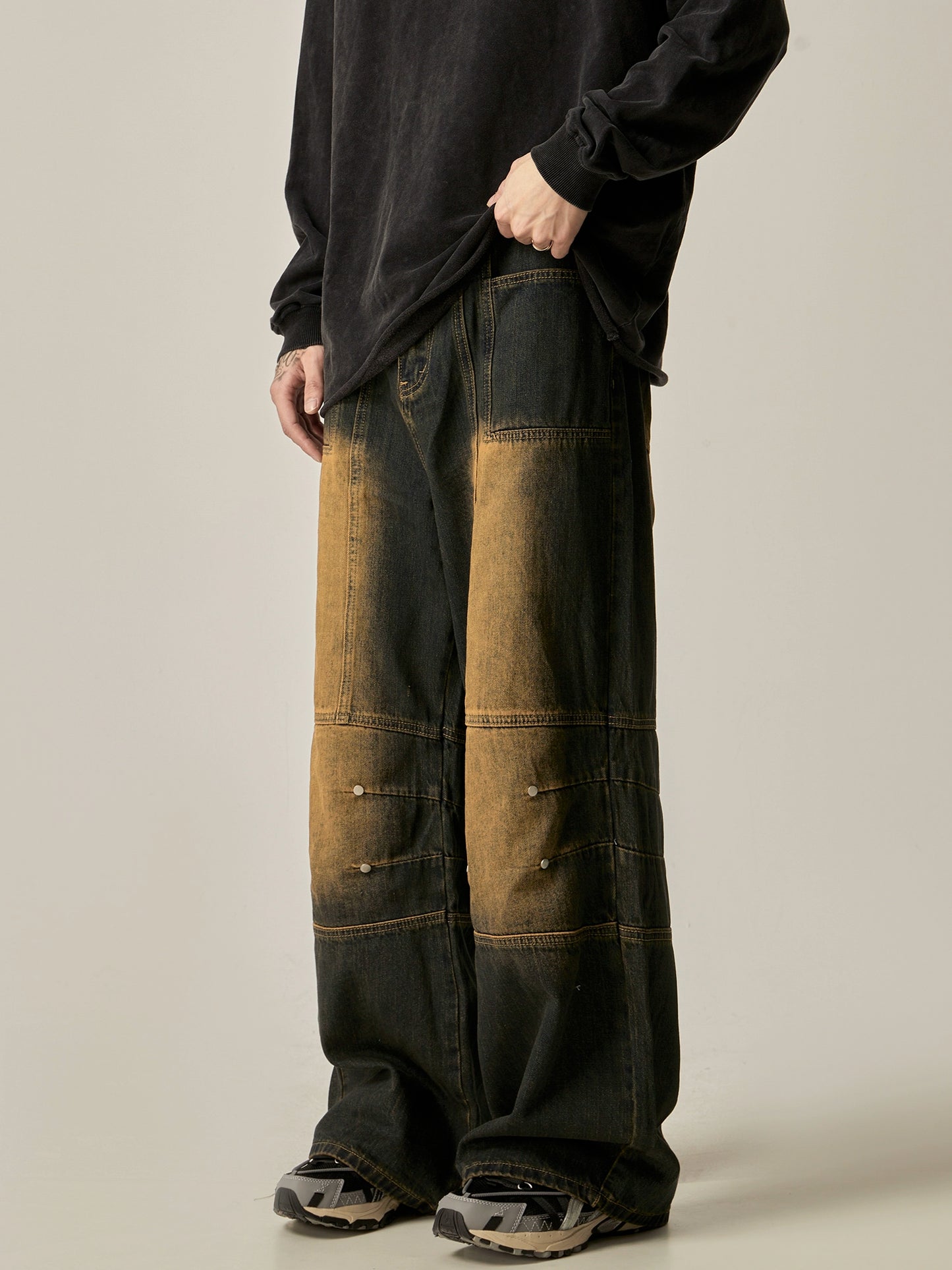 Yellow Mud Dyed Wide-leg Straight Denim Jeans WN6227