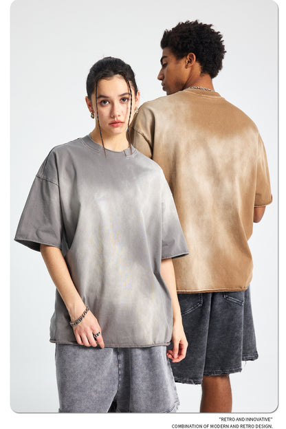 Spray Dye Raw Edge Damage Washed Short Sleeve T-Shirt WN16265