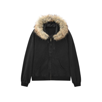 Washed Fake Fur Hooded Padded Jacket WN12099