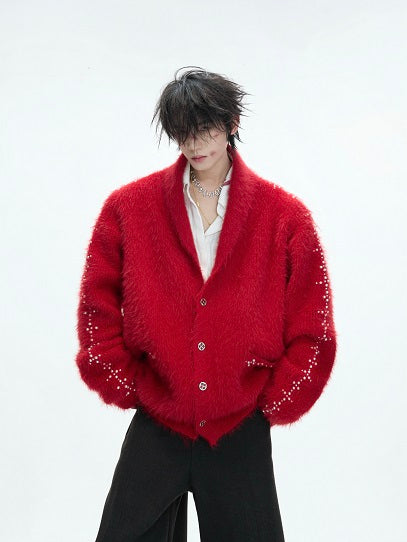Fake Fur Heavyweight Beads Decor Knit Cardigan WN22613