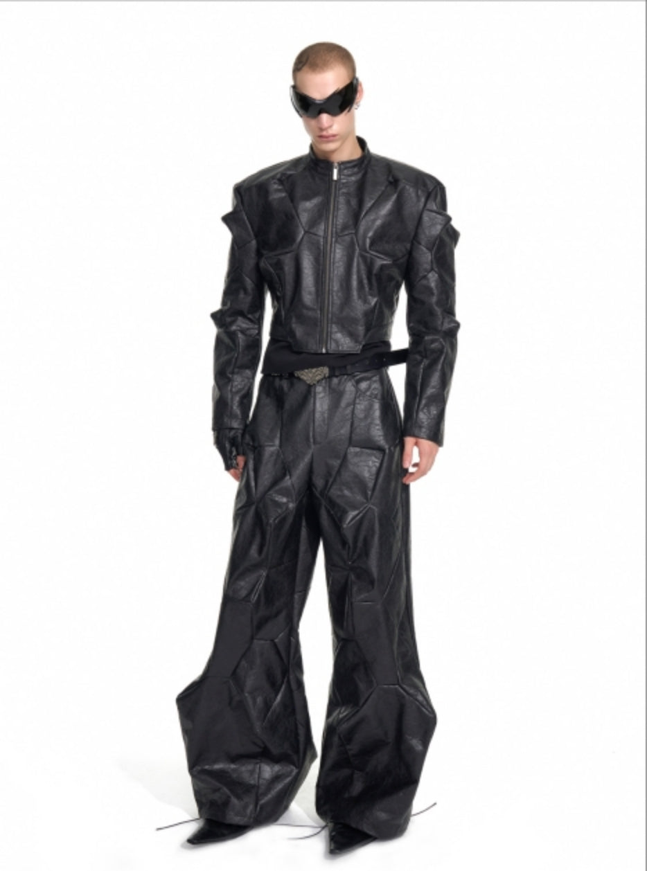 Deconstruction PU Leather Jacket & Wide Leg Pants Setup WN20949