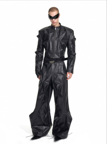 Deconstruction PU Leather Jacket & Wide Leg Pants Setup WN20949