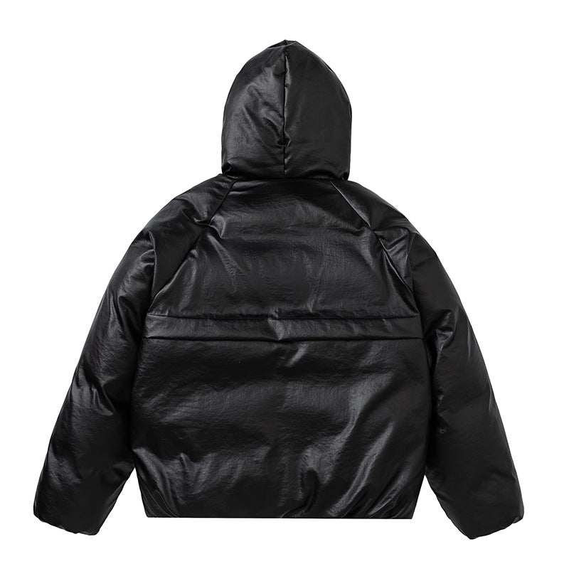 Thickened PU Leather Hooded Puffer Jacket WN11329