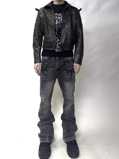 Washed Short PU Leather Zipprer Jacket WN15748