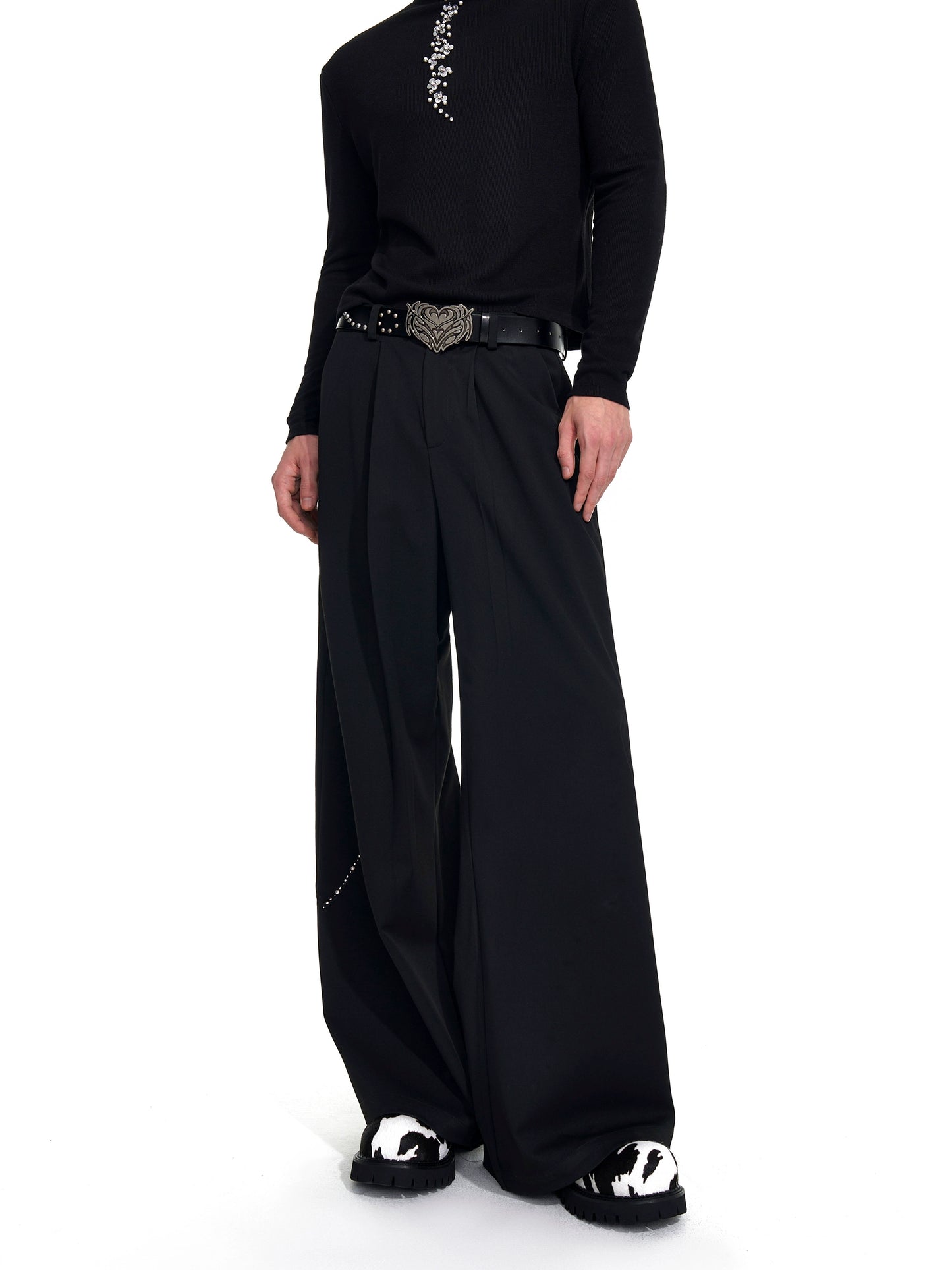 Collarless Shoulder-Pad Rhinestone Tailored Jacket & Rhinestone Trousers Setup WN20924