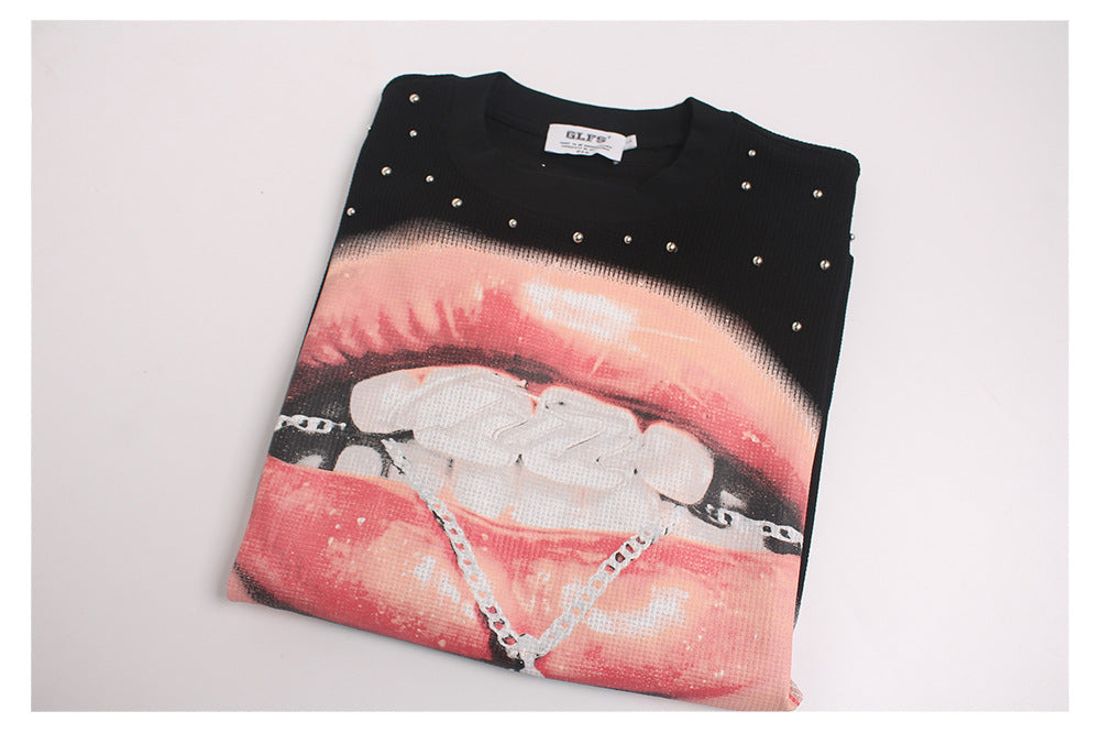 Studs Lip Skull Graphic Short Sleeve T-Shirt WN26419