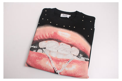 Studs Lip Skull Graphic Short Sleeve T-Shirt WN26419