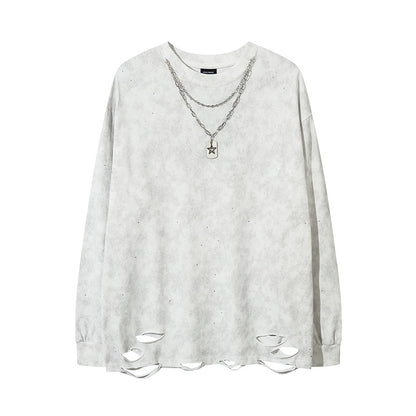 Starry Necklace Raw Hem Damage Long Sleeve T-Shirt WN11216