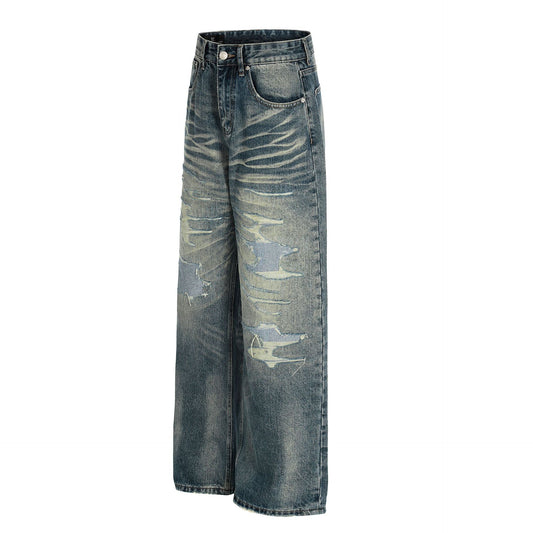Whisker Damage Wide Leg Denim Jeans WN25973