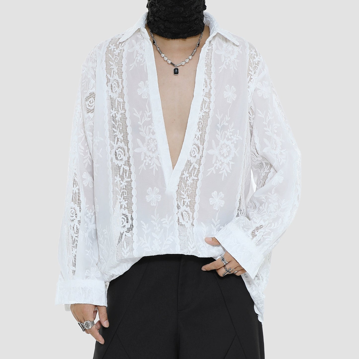 Sheer Floral Embroidery Long Sleeve Shirt WN20498