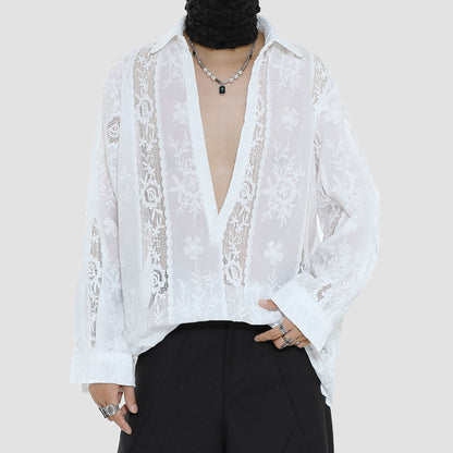 Sheer Floral Embroidery Long Sleeve Shirt WN20498