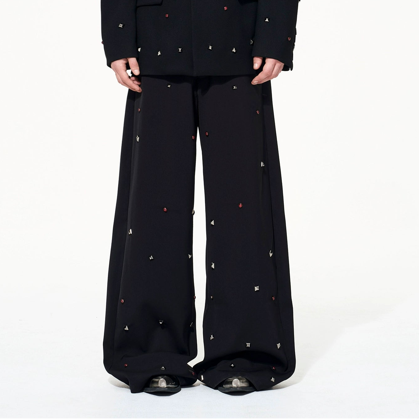 PU Leather Fake Layered Studs Design Tailored Jacket & Wide Leg Trousers Setup WN22648