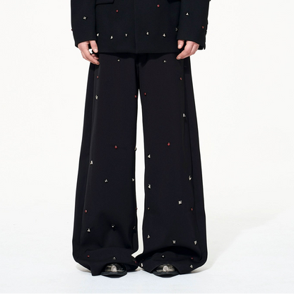 PU Leather Fake Layered Studs Design Tailored Jacket & Wide Leg Trousers Setup WN22648